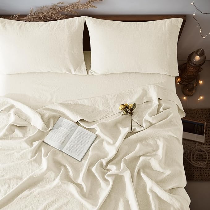 LBRO2M 100% Pure Linen Sheet Set Deep Pocket Up to 16" Bed Sheets Sets, Natural Flax Beddings Soft, Breathable, Comfortable for All Seasons 4 Pcs Sheet Set Queen Size, Beige