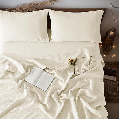 LBRO2M 100% Pure Linen Sheet Set Deep Pocket Up to 16" Bed Sheets Sets, Natural Flax Beddings Soft, Breathable, Comfortable for All Seasons 4 Pcs Sheet Set California King Size, Beige