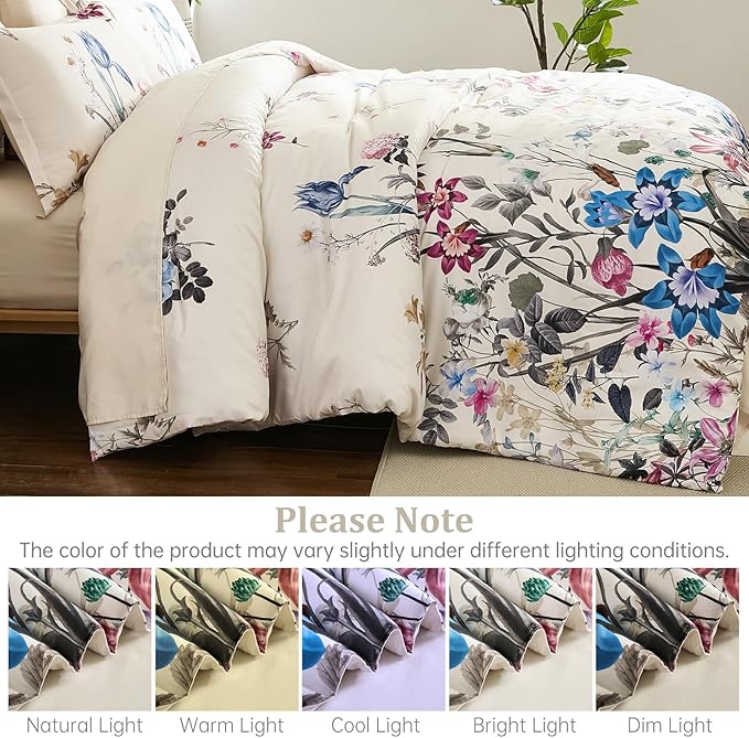 WONGS BEDDING Floral Comforter Set Queen, 7 Piece Beige Bed in a Bag Bedding Set with Botanical Flowers Patterns, Soft Lightweight Complete Comforters with Sheets for All Season