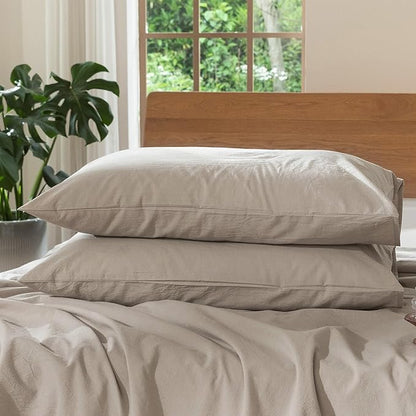 MooMee Bedding Pillowcases Pack of 2 100% Washed Cotton Linen Like Textured Breathable Durable Soft Comfy (Solid Light Tan, Standard)