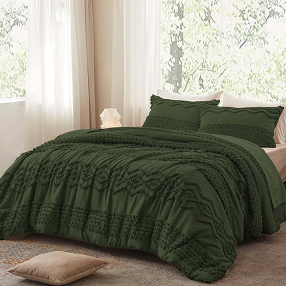 Luxudecor Olive Green Boho Tufted Comforter Set Full Size 3 Pieces Boho Shabby Chic Comforter Farmhouse Embroidery Bedding Set Soft Comforter for All Seasons (Olive Green, 80''x90'')