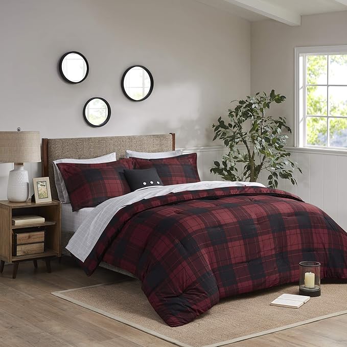 Madison Park Essentials Cozy Bed in A Bag - Reversible Comforter with Complete Sheet Set, Casual Plaid Cabin Design, All Season Cover, Decorative Pillow, Everest Plaid Red Twin(68"x86") 6 Piece