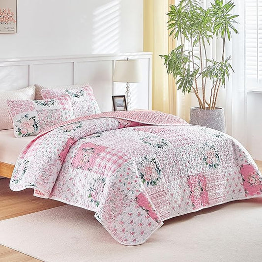 Joyreap 2 Pieces Floral Patchwork Quilt Set Twin, Pink n White Flowers Design, Soft n Cozy Microfiber Quilt, Bedspread Bed Cover for All Season, 1 Quilt and 1 Pillow Sham- 68x86 inches