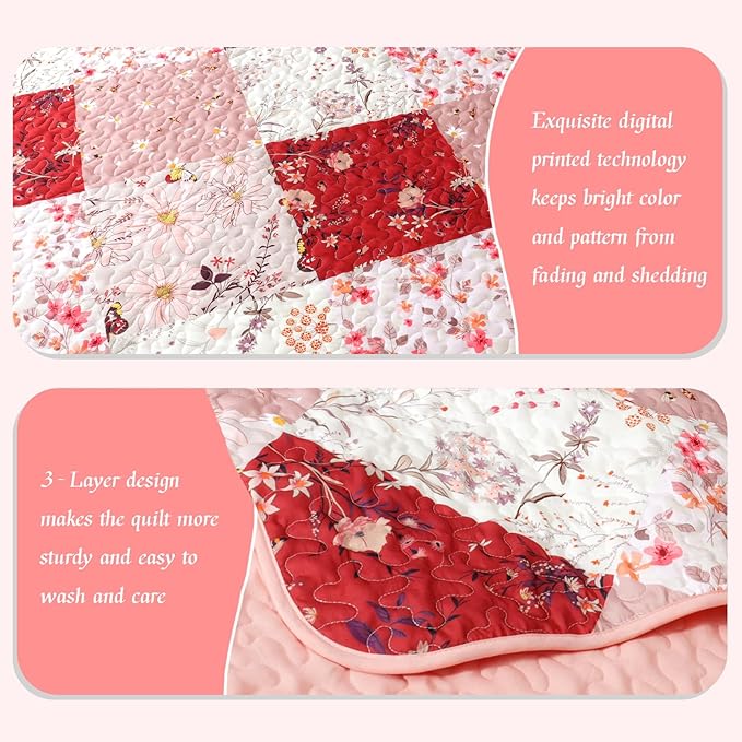 Whale Flotilla Patchwork Quilt Twin Size, Extra Soft Boho Floral Bedspreads for Bed Reversible Lightweight Twin Quilt Bedding Set Printed Coverlets with 1 Pillow Sham for All Seasons, Red
