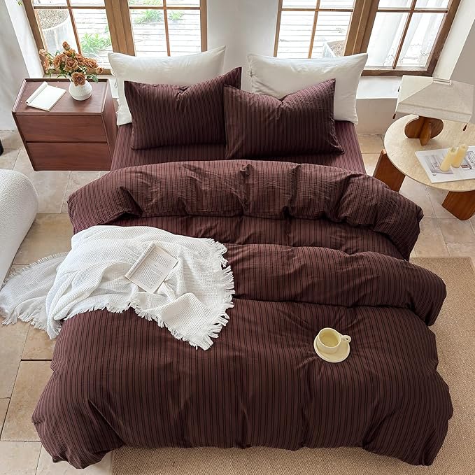Striped Duvet Cover Set 100% Washed Cotton Linen Like Soft Feelling Breathable Bedding(Pine Bark Brown/Black Strip,Full)