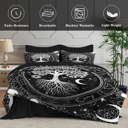 7 Pcs King Size Comforter Set with 2 Pillowcases & 2 Shams, Sun and Moon Black Gothic Bedding for Kids and Adults, Nature Tree of Life Bed in a Bag with Flat Fitted Sheet
