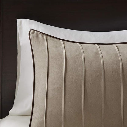 Madison Park Cozy Comforter Set Casual Blocks Design All Season, Matching Bed Skirt, Decorative Pillows, Queen(90"x90"), Dune Suede, Beige Brown, 7 Piece