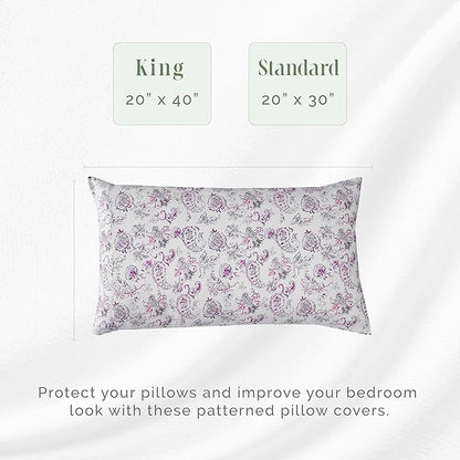 Elegant Comfort Ultra Soft Set of 2 Floral Print Pillowcases - 1500 Premium Hotel Quality Microfiber, Soft and Smooth Envelope Closure 2-Piece Pillow Covers - King, Paisley Purple