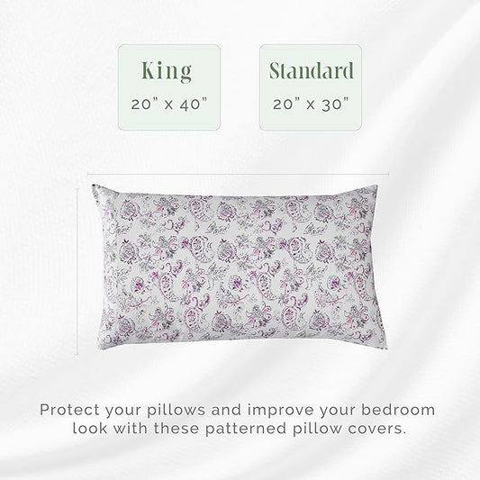 Elegant Comfort Ultra Soft Set of 2 Floral Print Pillowcases - 1500 Premium Hotel Quality Microfiber, Soft and Smooth Envelope Closure 2-Piece Pillow Covers - King, Paisley Purple