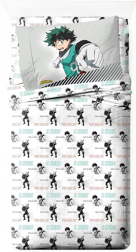 Jay Franco Kids Sheet Set with Fitted, Flat Sheets & Pillow Cover - Ultra-Soft Bedding with Pillowcase for Room Decor, White - My Hero Academia, 3 Piece Twin