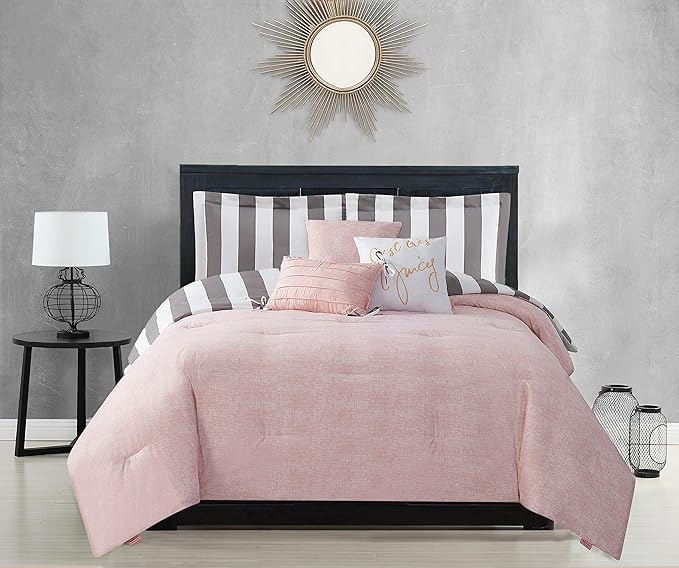 Juicy Couture Cabana Stripe Reversible Bedding Set - King Size - Grey and White Stripe Print – 6 Piece Set – Includes 1 104" x 90" Comforter, 3 Decorative Pillows, 2 Shams