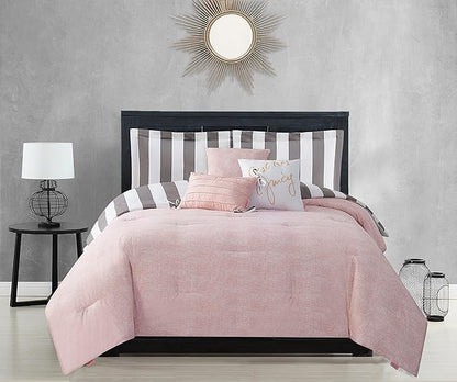 Juicy Couture – Comforter Set, Cabana Stripe Design, Twin Bedding, 5 Piece Set Includes 1 Comforter, 1 Sham and 3 Decorative Pillows, 100% Microfiber Polyester, Wrinkle Resistant