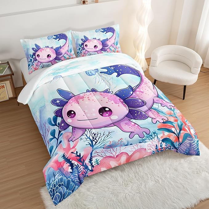 Cute Axolotl Bedding Set Queen Size,Color Axolotl Waterweed Jellyfish Pattern Toddler Bed Comforter Set,Kawaii Ocean Life Bedding Sets for Kids Boys Girls Room Decor with 2 Pillowcases.