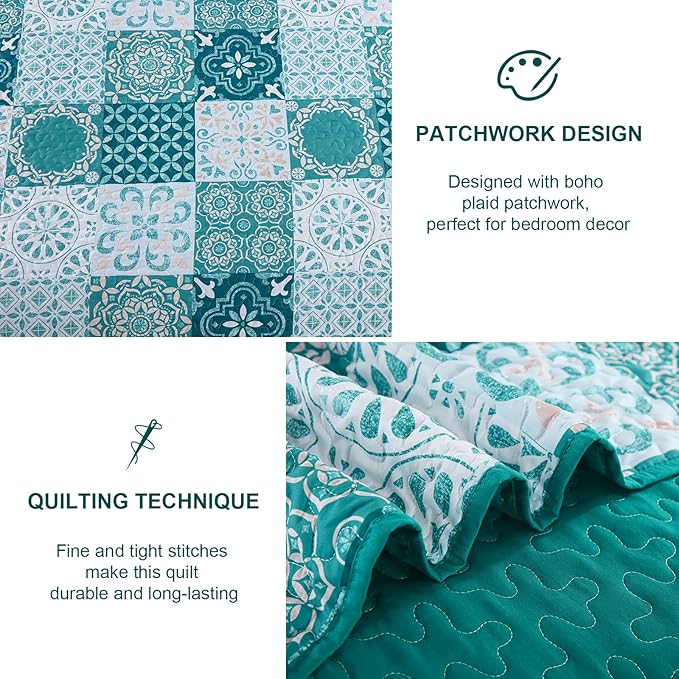 Dobuyly Teal Quilt Set Queen Size, Boho Turquoise Plaid Patchwork Bedspreads Coverlet Set, 3 Pieces Soft Lightweight Microfiber Bohemian Quilt Bedding Set for All Seasons 96"x90"