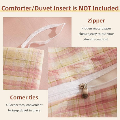 EAVD Yellow and Pink Plaid Duvet Cover Twin Soft Washed Cotton Gingham Duvet Cover Set 3-Piece Modern Grid Checkered Pattern Bedding Set with 2 Pillowcases Zipper Closure for All-Season