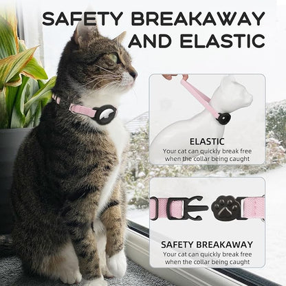 AirTag Cat Collars, Stretchy Collar with Apple Air Tag Holder and Bell | Breakaway - Ultra Design Elastic - GPS Tracking Collars - Adjustable Size for Cats & Puppies 7.5-12.5" - (Pink)