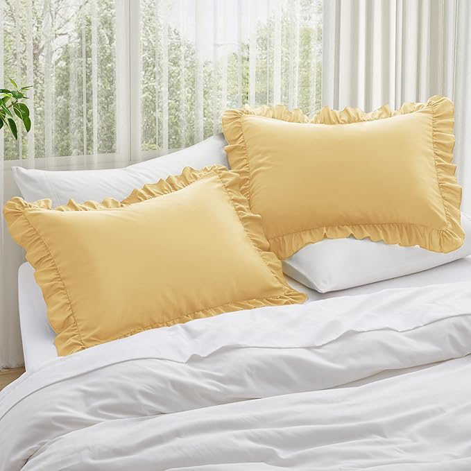 KKJIAF Ruffle Pillow Cases Queen Size Set of 2, Ruffled Pillow Covers with Envelope Closure, Wrinkle Resistant Ruffled Pillow Shams 20" x 30", Gold