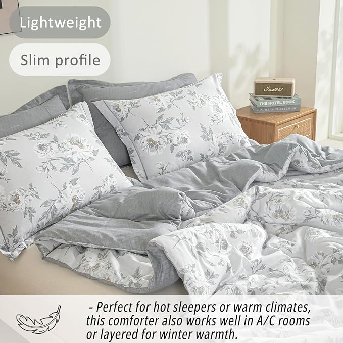 Floral Cotton Comforter Twin Size - Light Grey Comforter Printed with Vintage Ivory Flowers & Dark Yellow Stamens,Reversible Lightweight Bedding Sets 2Pcs(68"×90")