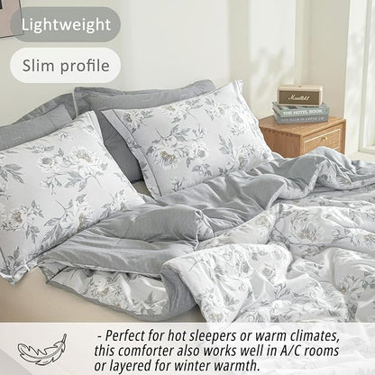 Floral Cotton Comforter Twin Size - Light Grey Comforter Printed with Vintage Ivory Flowers & Dark Yellow Stamens,Reversible Lightweight Bedding Sets 2Pcs(68"×90")