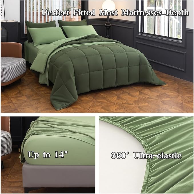 Queen Size Comforter Set - 8 Piece Green All-Season Luxury Bedding with Reversible Lightweight Comforter, Bed Skirt, Flat Sheets, Pillowcases & Pillow Shams