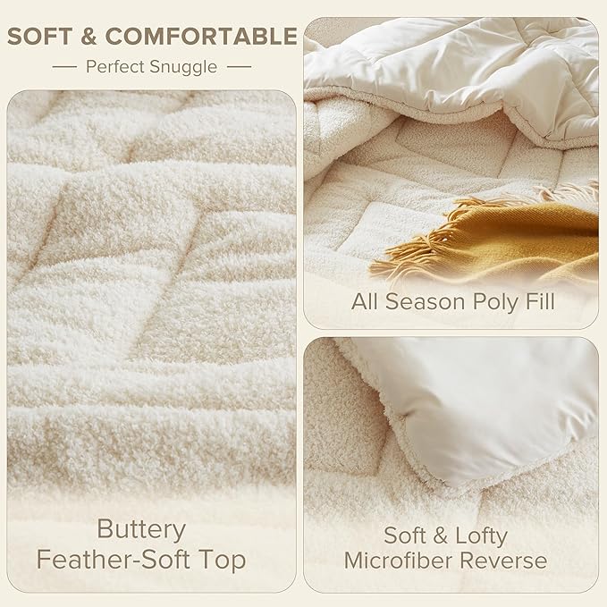 Comfort Spaces Queen Comforter Set Reversible Feather-Soft Plush Comforters for Queen Size Bed All Season Lightweight Shearling Fleece Sherpa Comforter Queen Size Bed Set, Full/Queen, Ivory 3 Piece