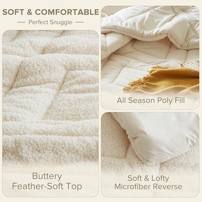 Comfort Spaces Twin Comforter Set Reversible Feather-Soft Plush Comforters for Twin Size Bed All Season Lightweight Shearling Fleece Sherpa Comforter Twin Size Bed Set, Twin/Twin XL, Ivory 2 Piece
