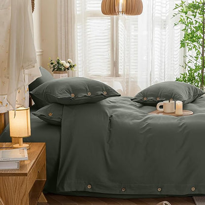 JELLYMONI Cotton Duvet Cover Cal King Size - Gray Comforter Cover with Button 100% Washed Cotton 3PCS Breathable Soft Solid Bedding Set Duvet Cover 104×98in & 2 Pillowcases (NO Comforter)