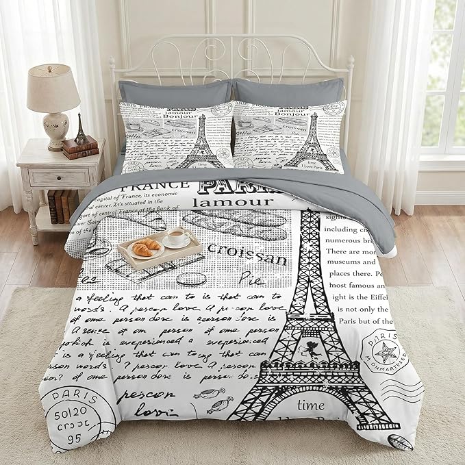 Nesker Comforter Set Full Size, Retro Eiffel Tower Paris 7 Pcs Bedding for Kids and Adults, Vintage French Cafe Bed Sheet Sets with Fitted Sheet 2 Pillowcases & 2 Shams