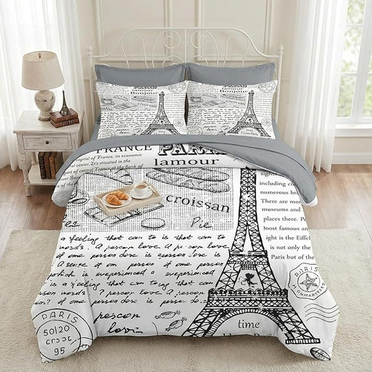 Nesker Comforter Set King Size, Retro Eiffel Tower Paris 7 Pcs Bedding for Kids and Adults, Vintage French Cafe Bed Sheet Sets with Fitted Sheet 2 Pillowcases & 2 Shams