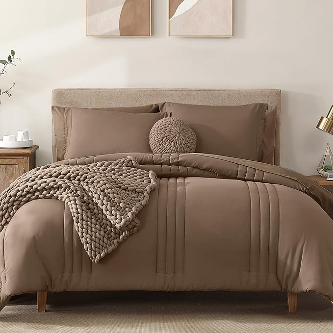 Monbix Super King Plus Size Comforter Set - 7 Pieces Raw Umber Bed in a Bag Super King Plus Bedding Sets with Comforters, All Seasons Comforter Bed Set with Sheets,Pillowcases & Shams
