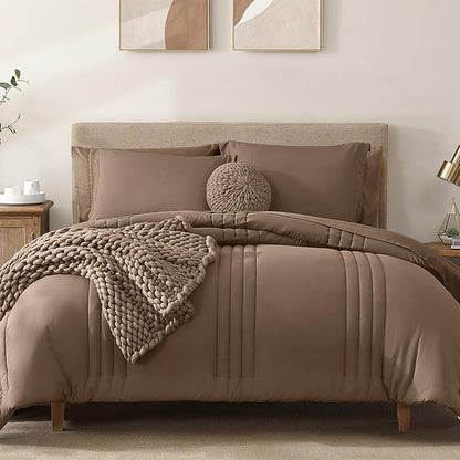 Monbix Super King Plus Size Comforter Set - 7 Pieces Raw Umber Bed in a Bag Super King Plus Bedding Sets with Comforters, All Seasons Comforter Bed Set with Sheets,Pillowcases & Shams