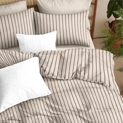 Nayoroom Striped Duvet Cover Queen Size Brown Stripe Duvet Cover Dorm Bedding Set 3 Pieces Soft Lightweight Microfiber Farmhouse Bedding Set Gifts for Women Men (Tannish Linen Grey, Brown Stripes)