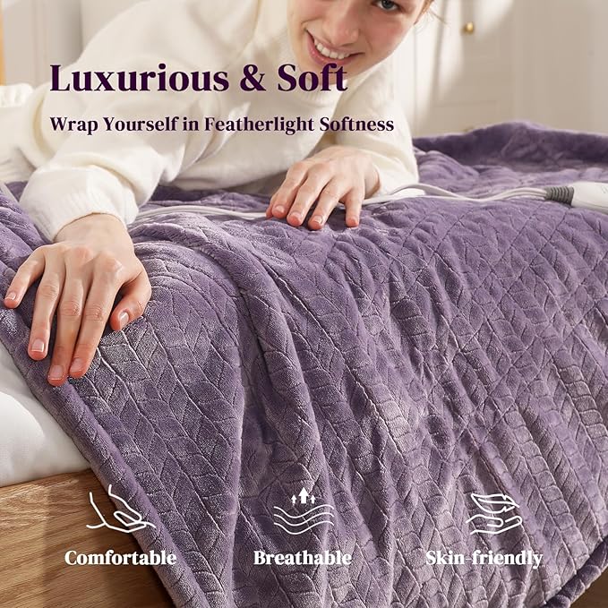 Electric Throw Blanket Heated Throw 50''x60''- Wheat Pattern Flannel & Sherpa Heated Lap Blanket with 5 Heat Settings & 4-Hour Auto Shut-Off, ETL & FCC Certified, Machine Washable Home Use, Lavender