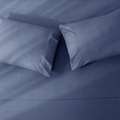 JIYUAN California King Size Sheet Set, 4-Piece - 100% Washed Cotton, Linen-Like Soft & Breathable, Includes Deep Pocket Fitted & Flat Sheet with 2 Pillowcases, Hotel Quality, Heathered Blue