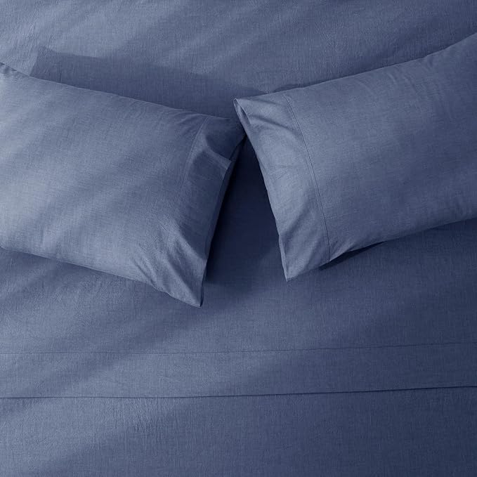JIYUAN King Size Sheet Set, 4-Piece - 100% Washed Cotton, Linen-Like Soft & Breathable, Includes Deep Pocket Fitted & Flat Sheet with 2 Pillowcases, Hotel Quality, Heathered Blue
