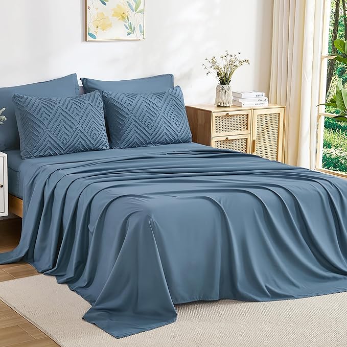 Andency Super King Plus Comforter Set Ocean Blue - 7 Pieces Bed in a Bag Oversized King Bedding Sets, Boho Tufted Lightweight Fluffy Bed Set with Comforter, Sheets, Pillowcases & Shams
