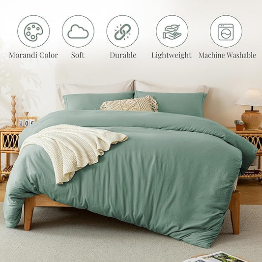 MILDLY Super Soft Duvet Cover 2pcs - 100% Washed Microfiber Sage Green Comforter Cover Set with Zipper Closure & Corner Ties (No Comforter)