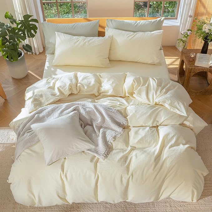 MooMee Bedding Duvet Cover Set 100% Washed Cotton Linen Like Textured Breathable Durable Soft Comfy (Solid Cream, Super Queen 90"x98")