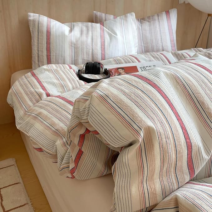 EAVD Geometric Striped Duvet Cover King 100% Washed Cotton Multi-Color Pinstriped Bedding Set with 2 Pillowcases Modern Farmhouse Geometric Pattern Duvet Cover with Zipper Closure