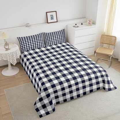 Manfei Navy Blue Plaid Bedding Set Queen Size Buffalo Check Plaid Comforter Classic Gingham Pattern Comforter Set Navy White Grid Duvet Set 3Pcs Quilt Set 1 Comforter Set with 2 Pillowcase