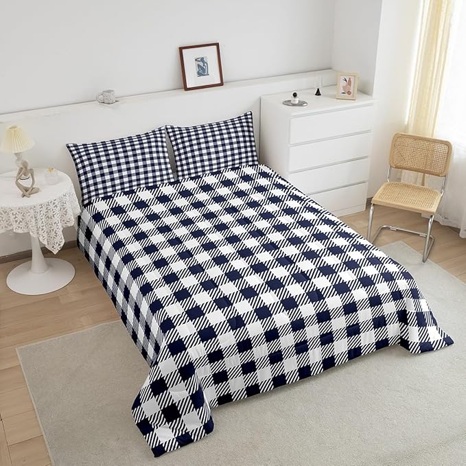 Manfei Navy Blue Plaid Bedding Set Full Size Buffalo Check Plaid Comforter Classic Gingham Pattern Comforter Set Navy White Grid Duvet Set 3Pcs Quilt Set 1 Comforter Set with 2 Pillowcase