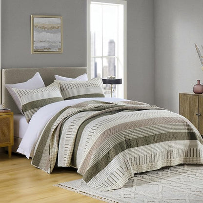 PANGUSHAN 100% Cotton Quilt Set Queen Size, Patchwork Queen Quilt Bedding Set Bedspreads, Farmhouse Lightweight Comforter Reversible Quilt, Queen Bed Spread for All Season, Green/Brown/Cream