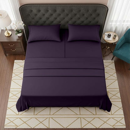 Elegant Comfort Luxurious 1500 Premium Hotel Quality Microfiber Three Line Embroidered Softest 5-Piece Bed Sheet Set, Wrinkle and Fade Resistant, Split King, Eggplant-Purple