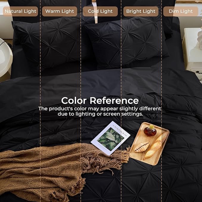 Sasttie Queen Comforter Set, 7-Piece Bed in a Bag, Pintuck Bedding Sets for All Season, Includes Comforter, Flat Sheet, Fitted Sheet, Pillowcases and Pillowshams, Black