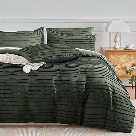 NEXHOME PRO Duvet Cover Full,3 Pieces Boho Tufted Duvet Cover Set, Soft and Lightweight 100% Washed Microfiber Comforter Cover Set for All Season(Olive Green,80 x 90)-No Comforter