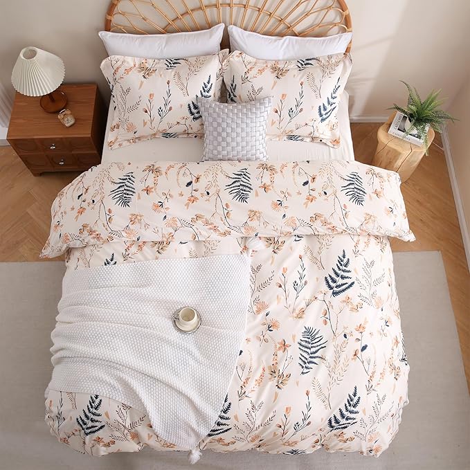 JSD Fall Floral Duvet Cover Set Queen Size, 3 Piece Boho Ferns Printed Microfiber Comforter Covers Zipper Closure