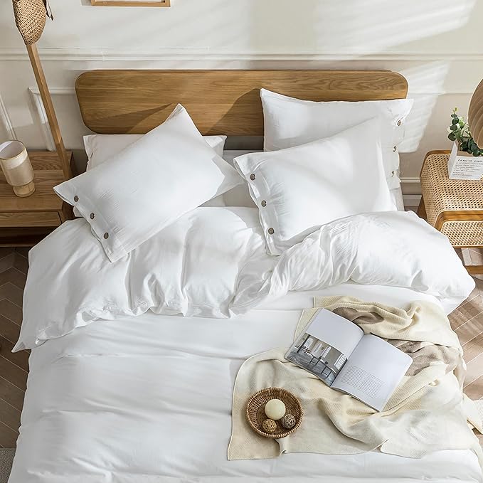 JELLYMONI Cotton Duvet Cover Twin XL Size - Bright White Comforter Cover with Button 100% Washed Cotton 2PCS Breathable Soft Solid Bedding Set Duvet Cover 66×92in & 1 Pillowcase (NO Comforter)