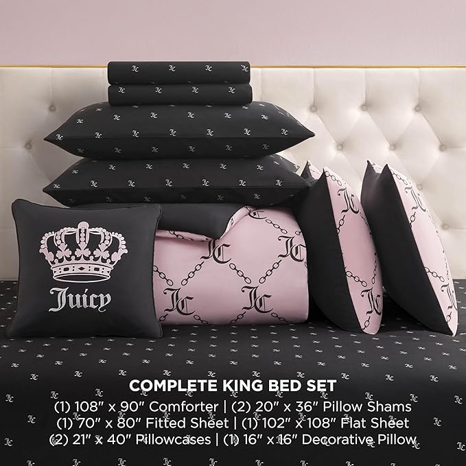 Juicy Couture Light Pink/Black Link Logo Printed Comforter Set, King – Complete 8-Piece Bed in a Bag Collection