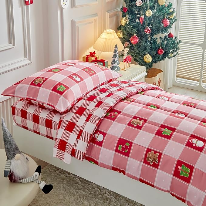 Christmas Toddler Bedding Set for Boys Girls Red White Plaid Colorful Holiday 4PC Toddler Bed Set - Cute Toddler White Bed in a Bag with Snowman Socks GIF Box