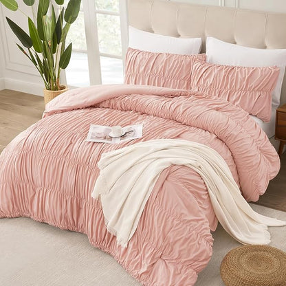 Andency Ruched Blush Pink Full Size Comforter Sets, Shabby Chic Pleatd Bedding Sets 3 Pieces, Lightweight Soft Boho Ruffle Bed Set for Girls, Kids, Women, All Season